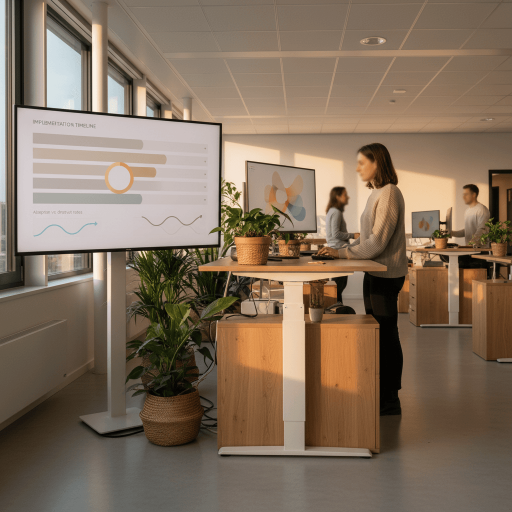 Infographic showing the 6-month implementation timeline with month 3 highlighted as the critical decision point, showing adoption vs dropout rates
