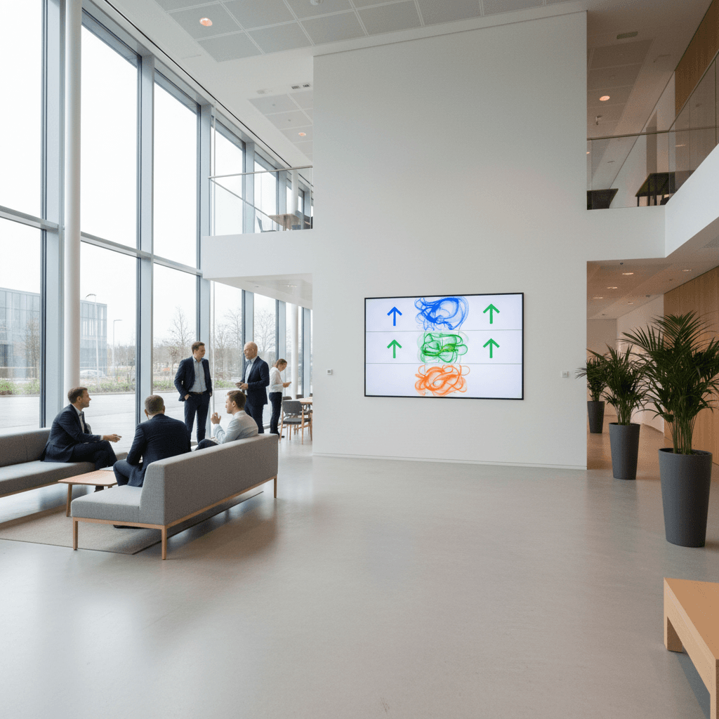 Dashboard mockup showing staff-focused metrics: overtime hours saved, complex cases handled, patient satisfaction scores, with green arrows indicating improvement