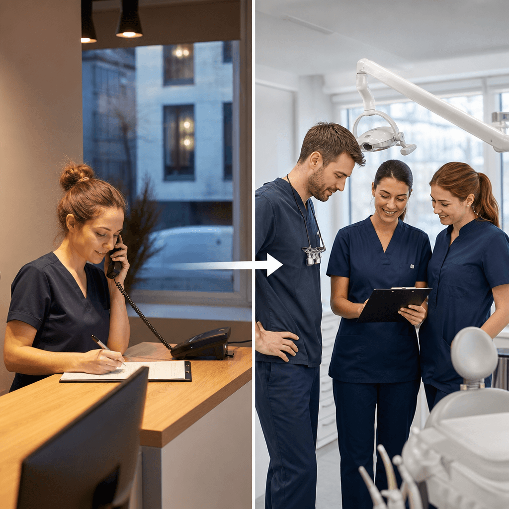 Split illustration showing two scenes: left side shows a receptionist taking an evening call with notes, right side shows the morning team reviewing those notes before treating the patient, connected by a visible 'handoff' arrow