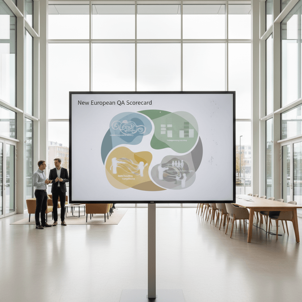 Diagram showing a new European QA scorecard with categories for cultural-linguistic accuracy, transparency scoring, data handling compliance, and human-like interaction quality