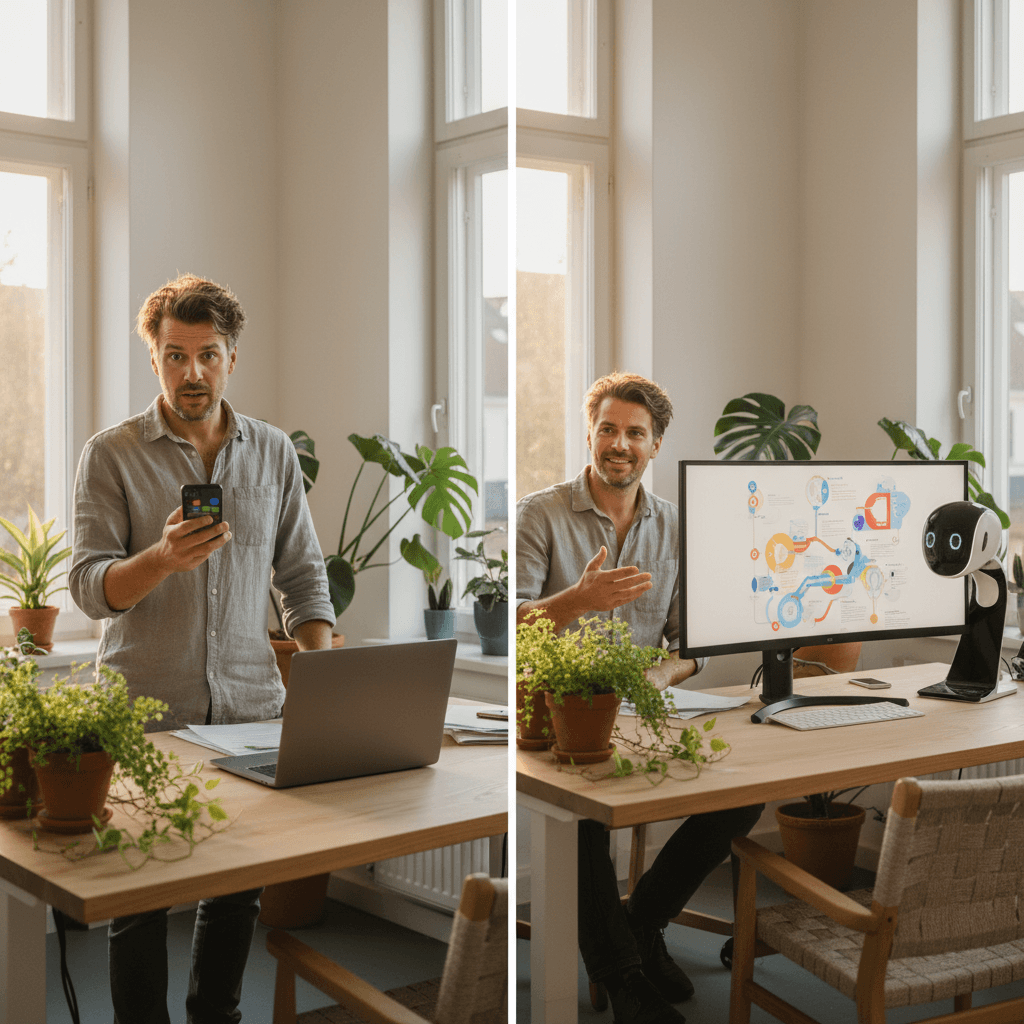 Split image showing frustrated business owner staring at ringing phone on one side, and relaxed owner with AI handling calls on the other
