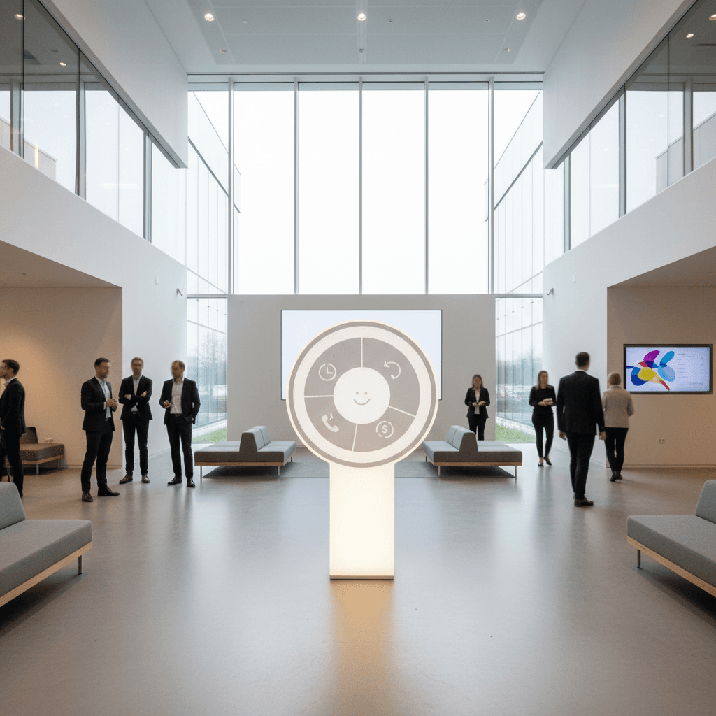 Clean infographic showing the five KPIs as a circular checklist with icons representing each metric (clock for peak windows, arrow for escalation, smiley face for sentiment, phone with return arrow for callbacks, dollar sign for revenue)