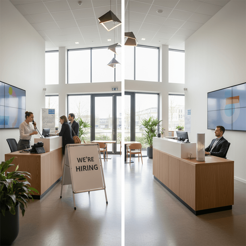 Split image showing busy hotel reception desk with phone ringing and empty 'We're Hiring' sign versus calm reception with AI voice assistant handling calls