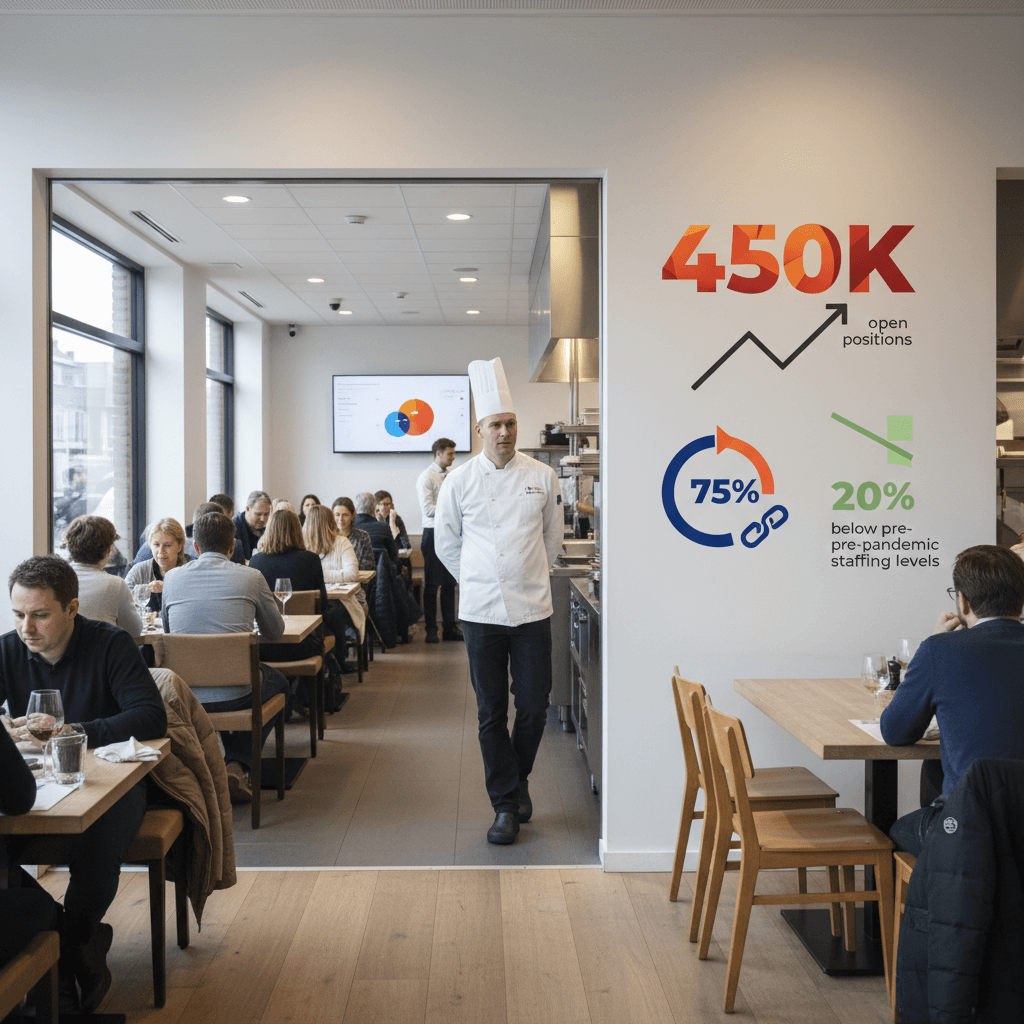Infographic showing the restaurant staffing gap: 450,000 open positions, 75% turnover rate, and 20% below pre-pandemic staffing levels