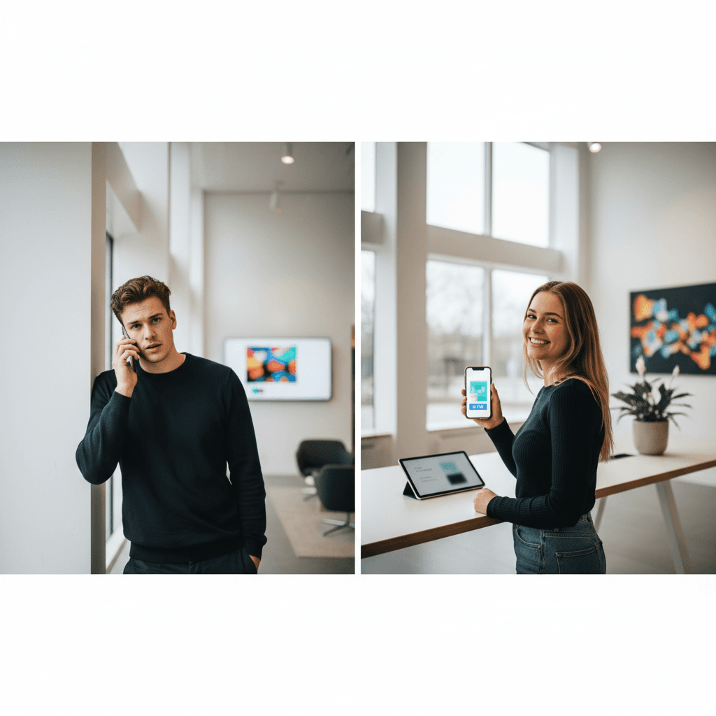 Split-screen comparison showing a frustrated customer on hold (116 seconds timer) versus instant AI pickup with happy customer